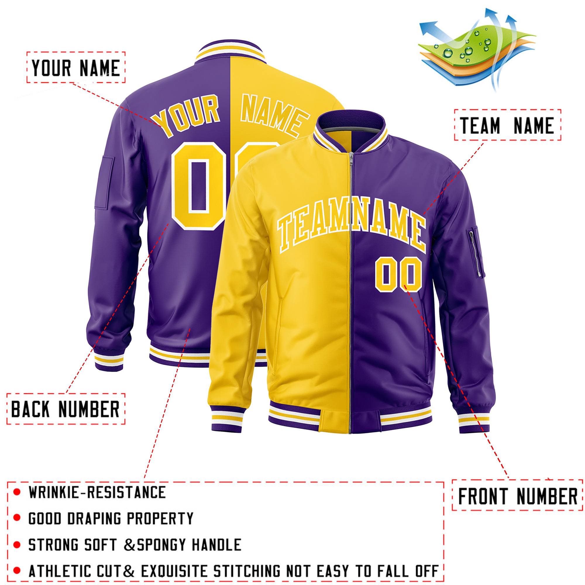 Custom Gold Purple Split Varsity Full-Zip Two Tone Letterman Bomber Jacket