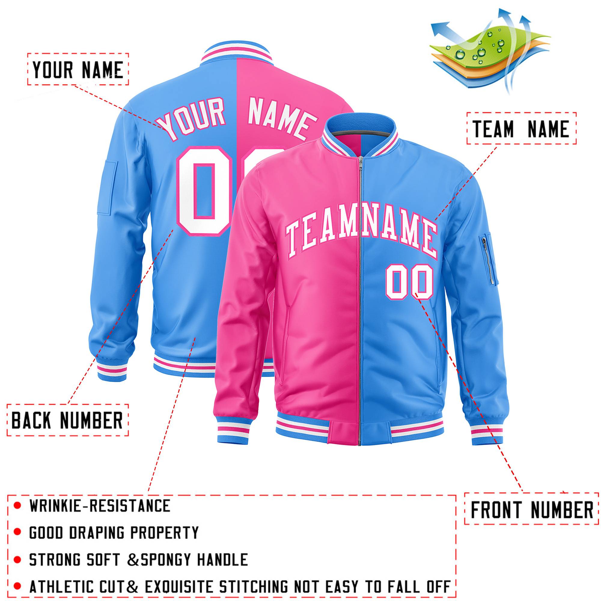 Custom Pink Powder Blue Split Varsity Full-Zip Two Tone Letterman Bomber Jacket