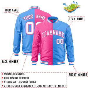 Custom Pink Powder Blue Split Varsity Full-Zip Two Tone Letterman Bomber Jacket