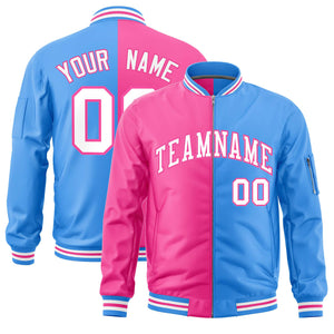 Custom Pink Powder Blue Split Varsity Full-Zip Two Tone Letterman Bomber Jacket