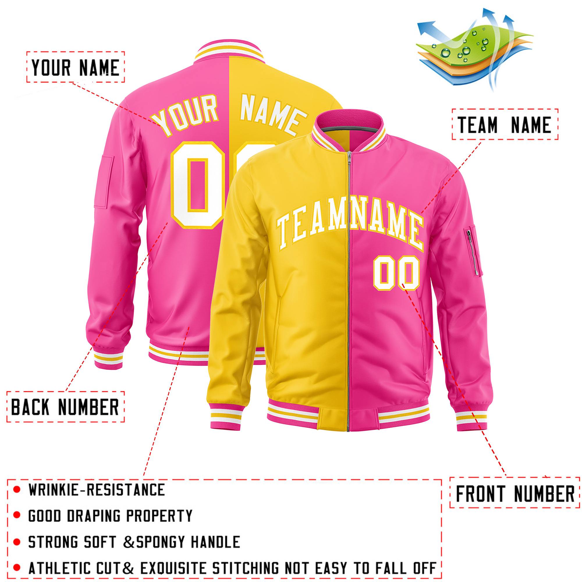 Custom Gold Pink Split Varsity Full-Zip Two Tone Letterman Bomber Jacket