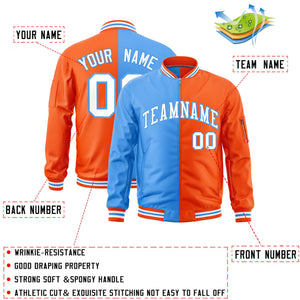 Custom Powder Blue Orange Split Varsity Full-Zip Two Tone Letterman Bomber Jacket