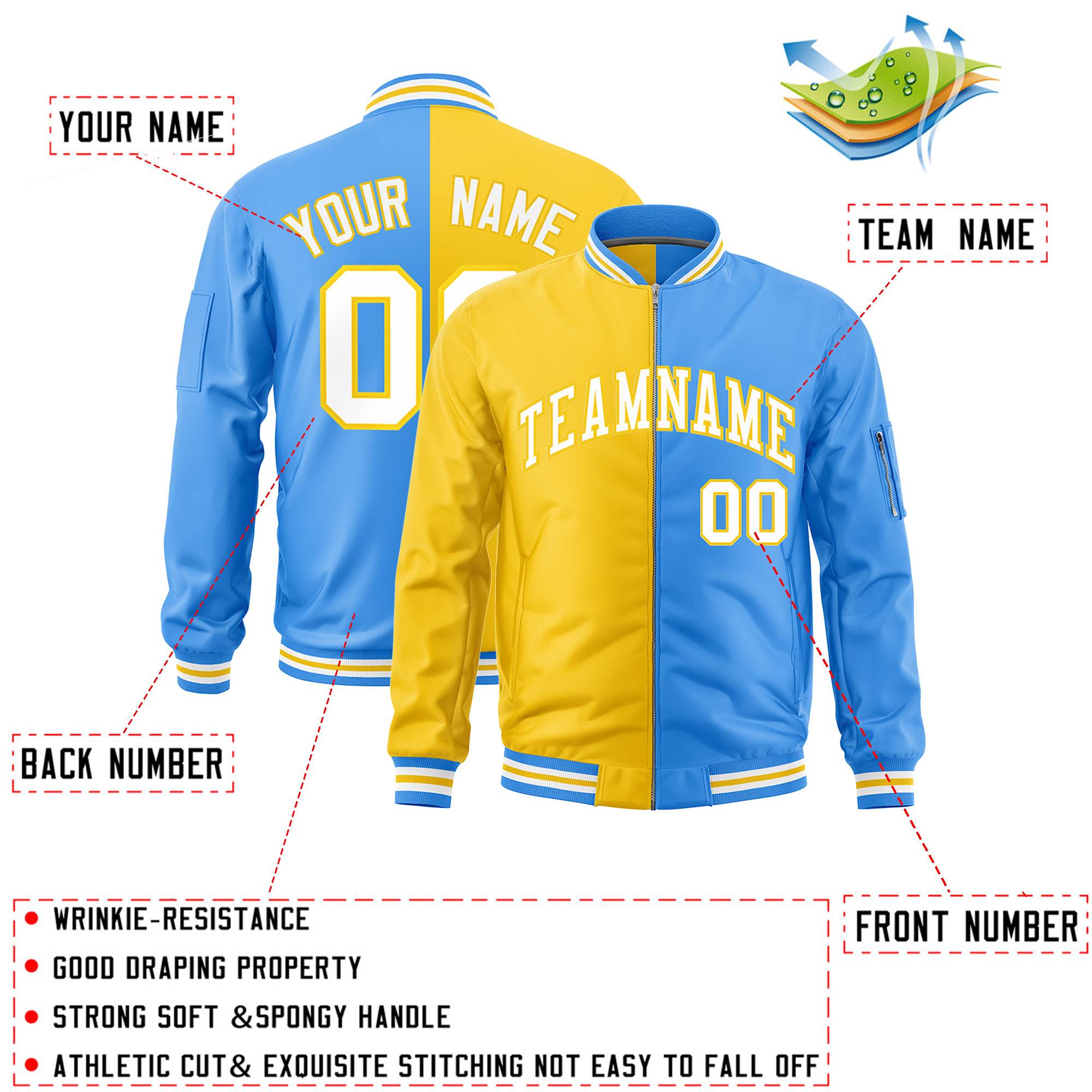 Custom Gold Powder Blue Split Varsity Full-Zip Two Tone Letterman Bomber Jacket