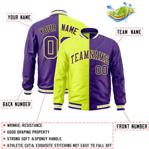 Custom Fluorescent Green Purple Split Varsity Full-Zip Two Tone Letterman Bomber Jacket