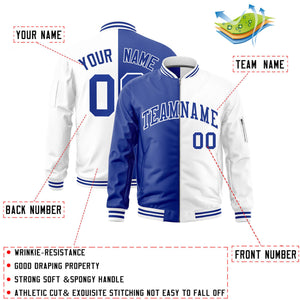 Custom Royal White Split Varsity Full-Zip Two Tone Letterman Bomber Jacket