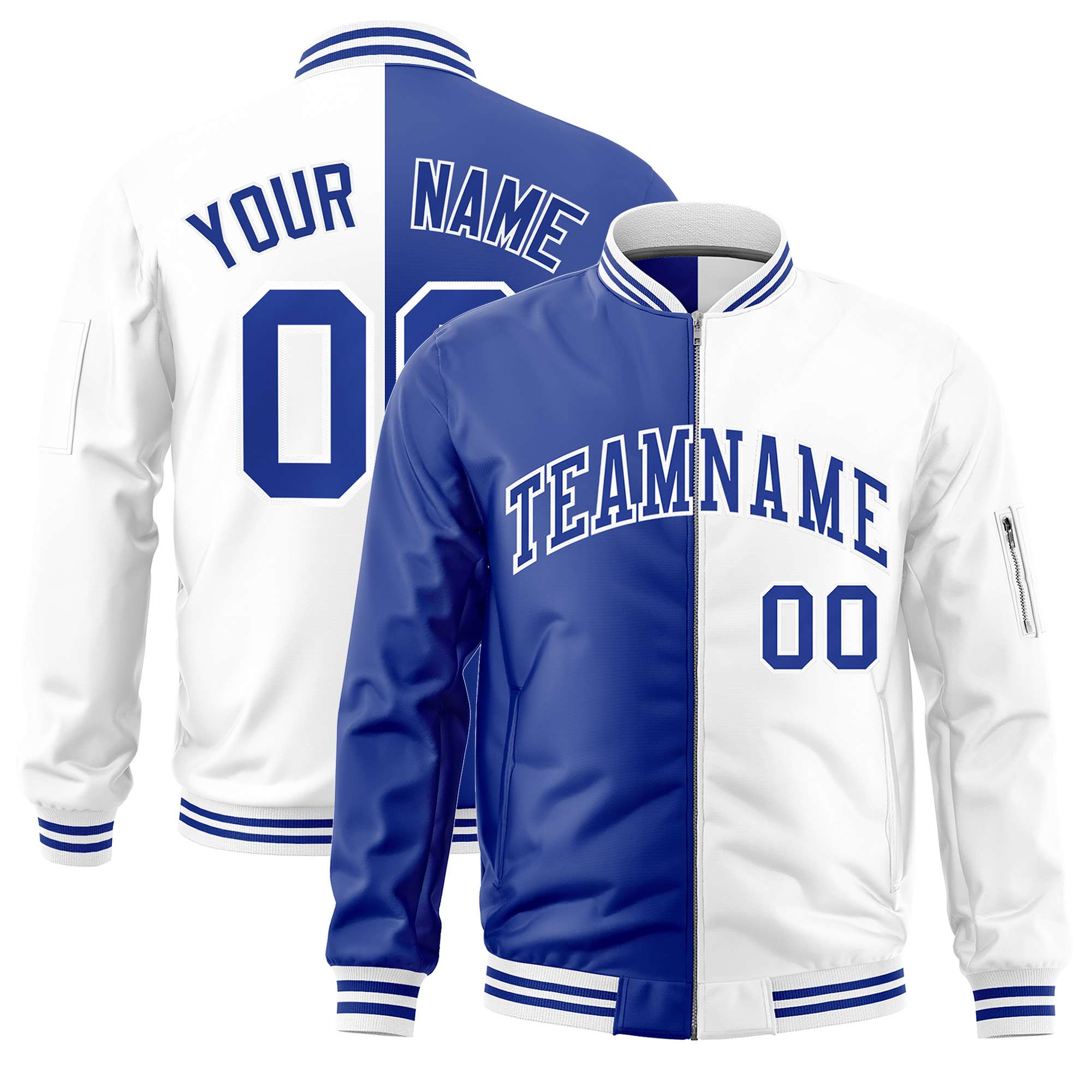 Custom Royal White Split Varsity Full-Zip Two Tone Letterman Bomber Jacket