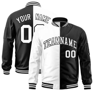 Custom White Black Split Varsity Full-Zip Two Tone Letterman Bomber Jacket