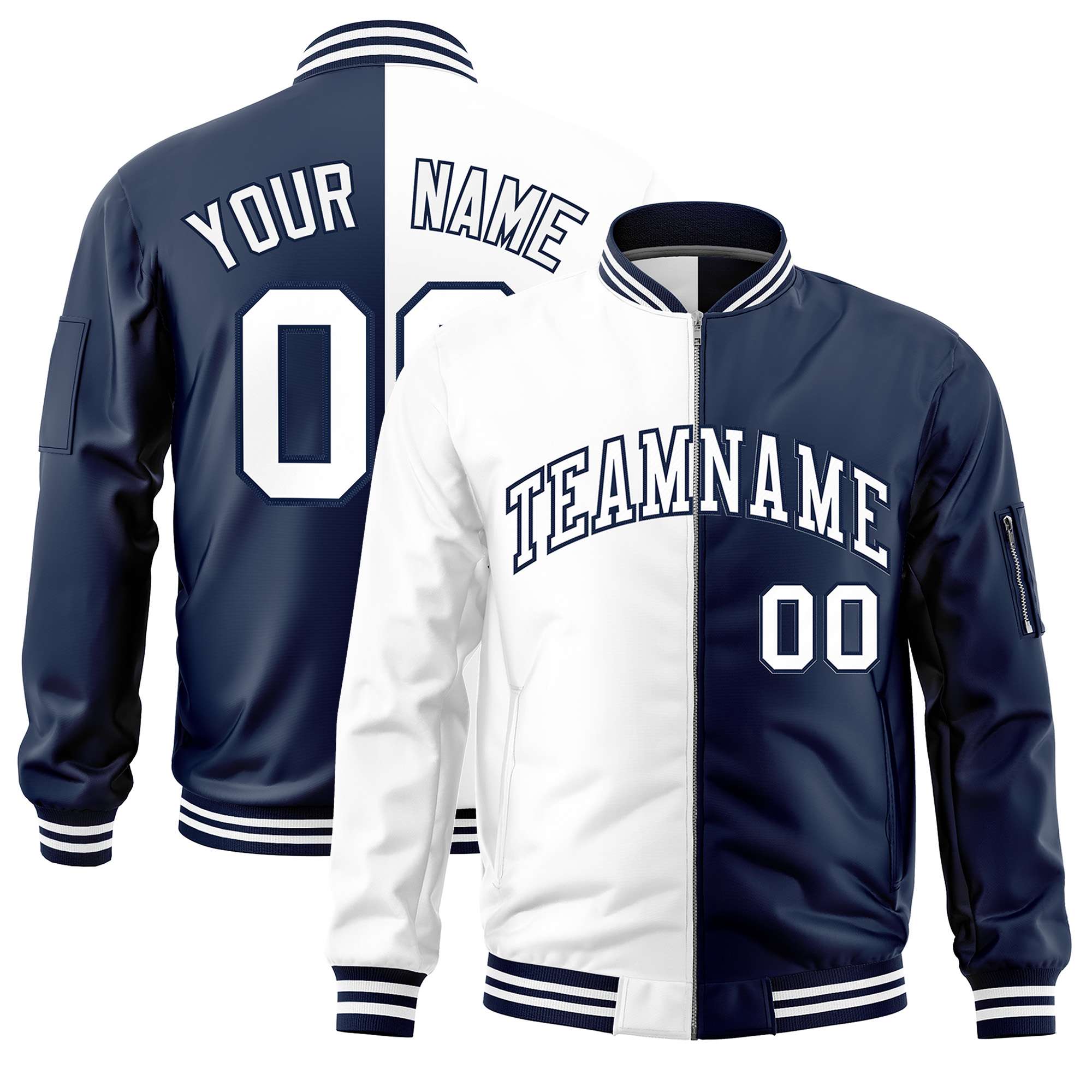 Custom White Navy Split Varsity Full-Zip Two Tone Letterman Bomber Jacket