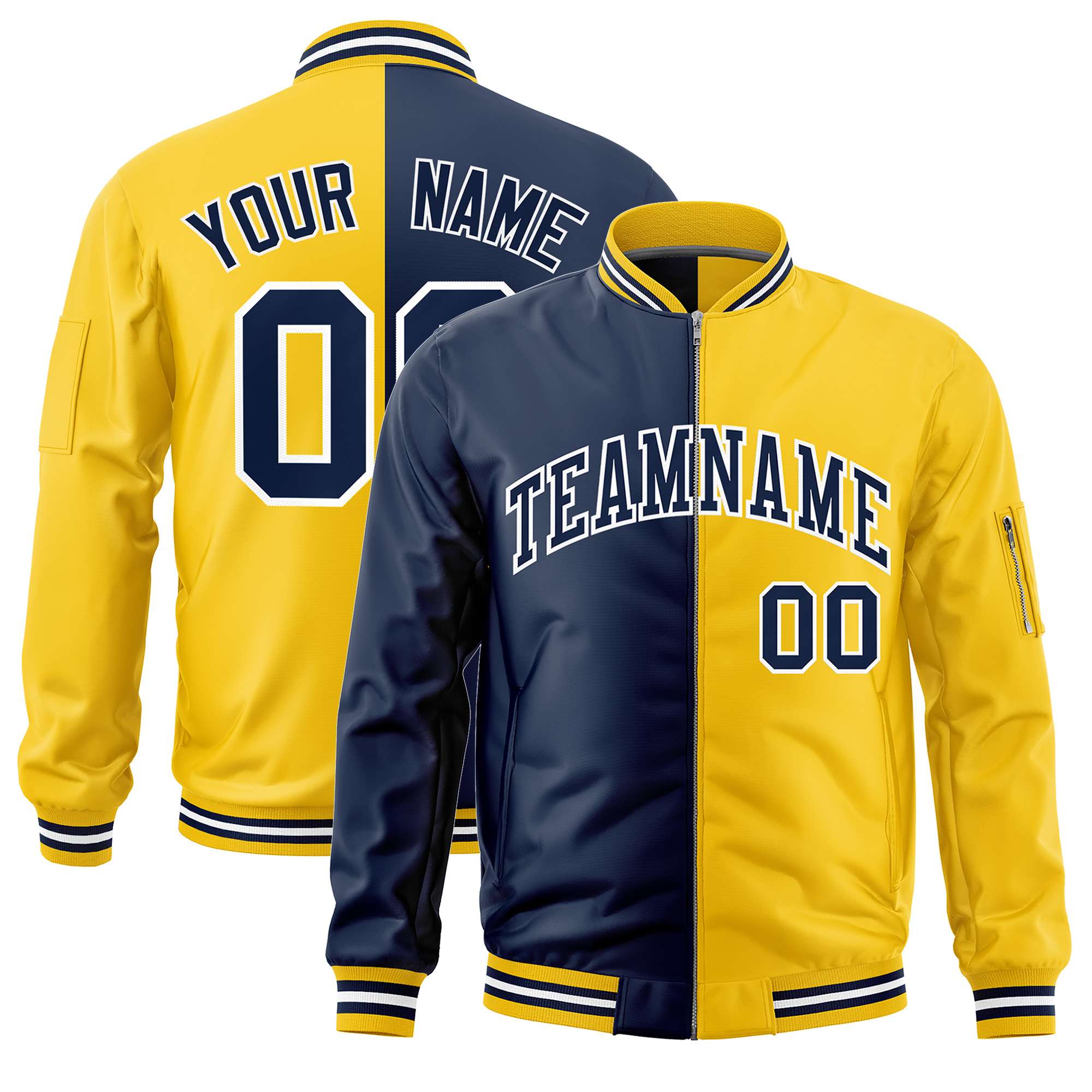 Custom Navy Gold Split Varsity Full-Zip Two Tone Letterman Bomber Jacket