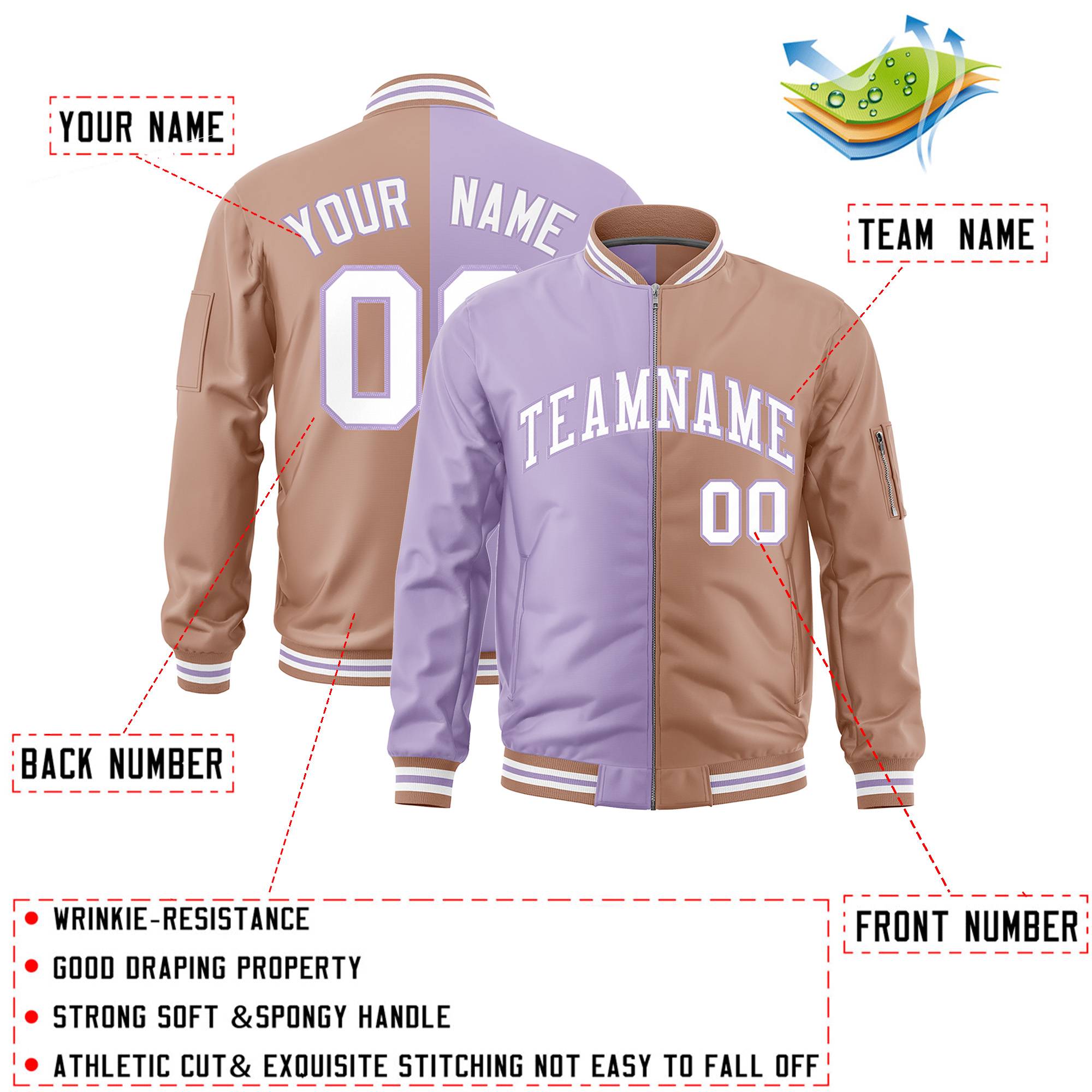 Custom Light Purple Light Brown Split Varsity Full-Zip Two Tone Letterman Bomber Jacket