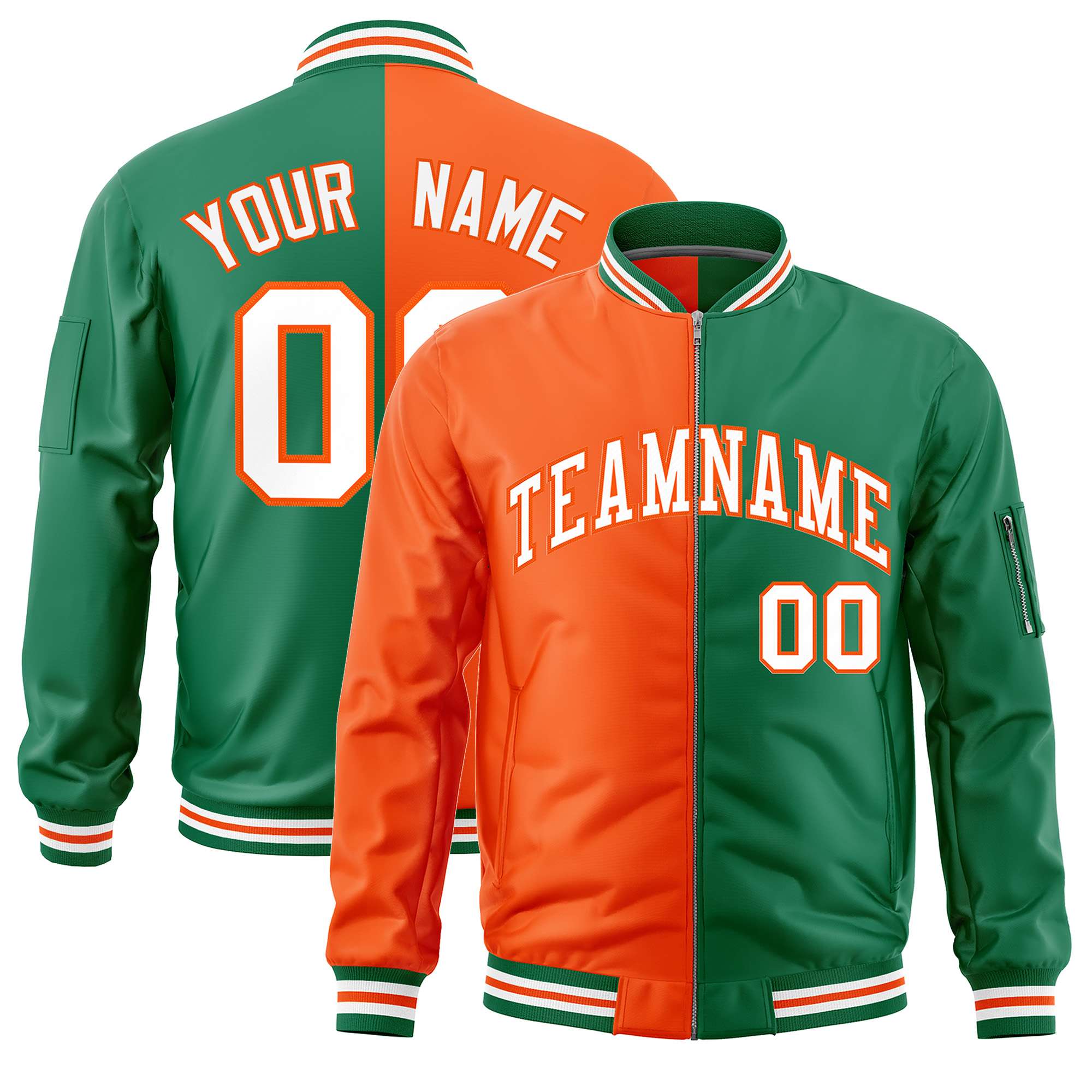 Custom Orange Kelly Green Split Varsity Full-Zip Two Tone Letterman Bomber Jacket