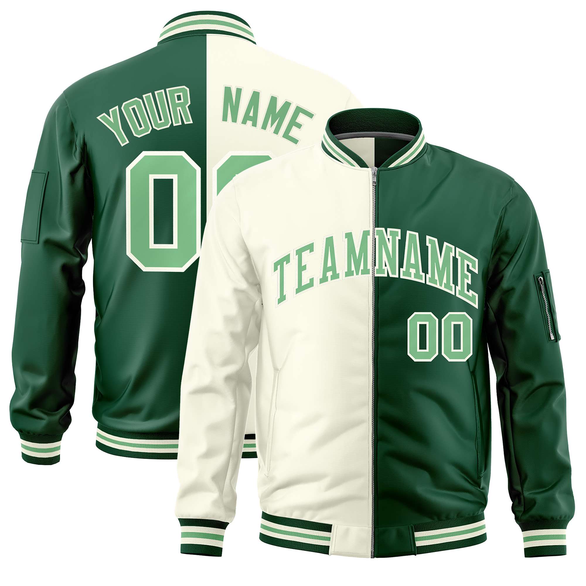 Custom Cream Green Split Varsity Full-Zip Two Tone Letterman Bomber Jacket