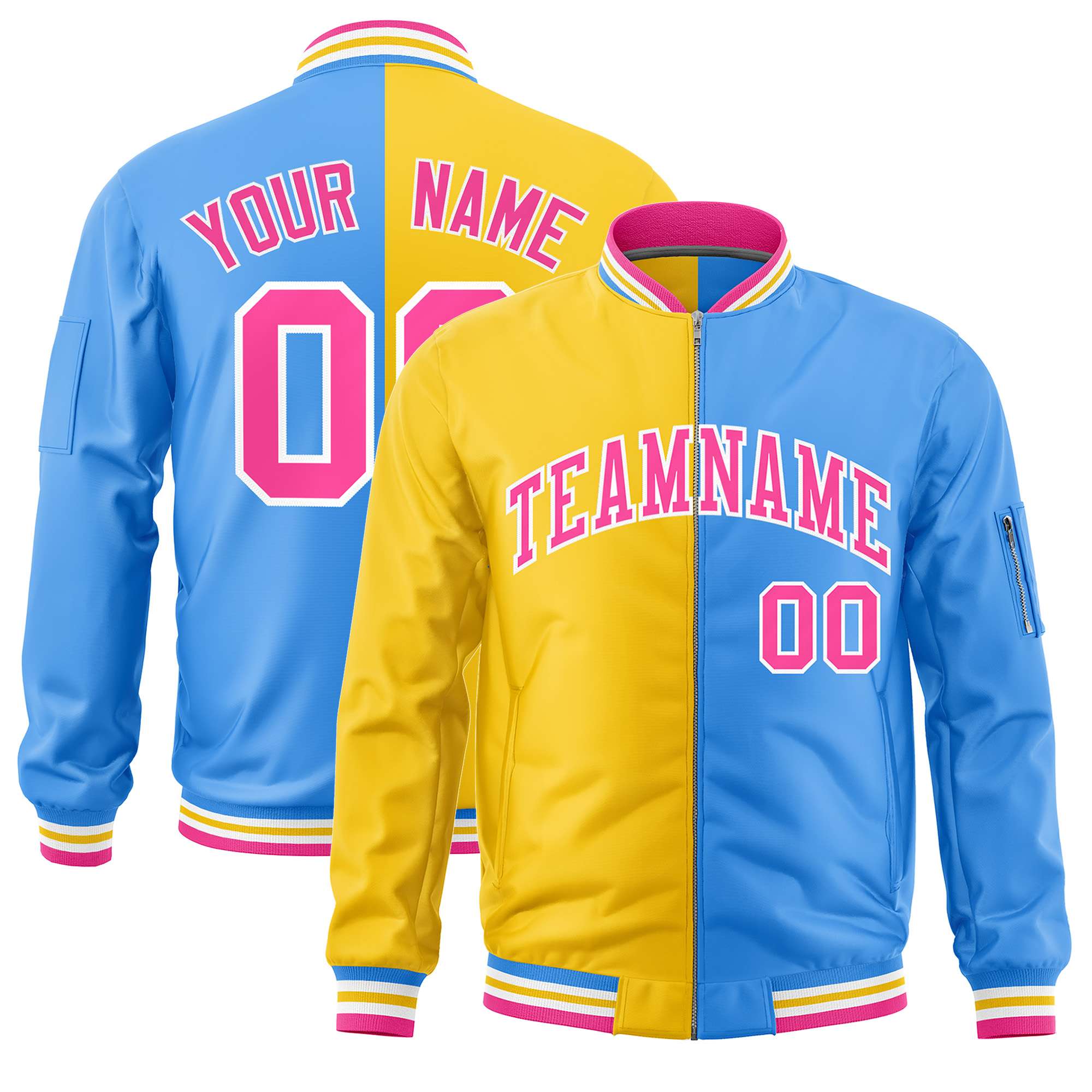 Custom Gold Powder Blue Split Varsity Full-Zip Two Tone Letterman Bomber Jacket