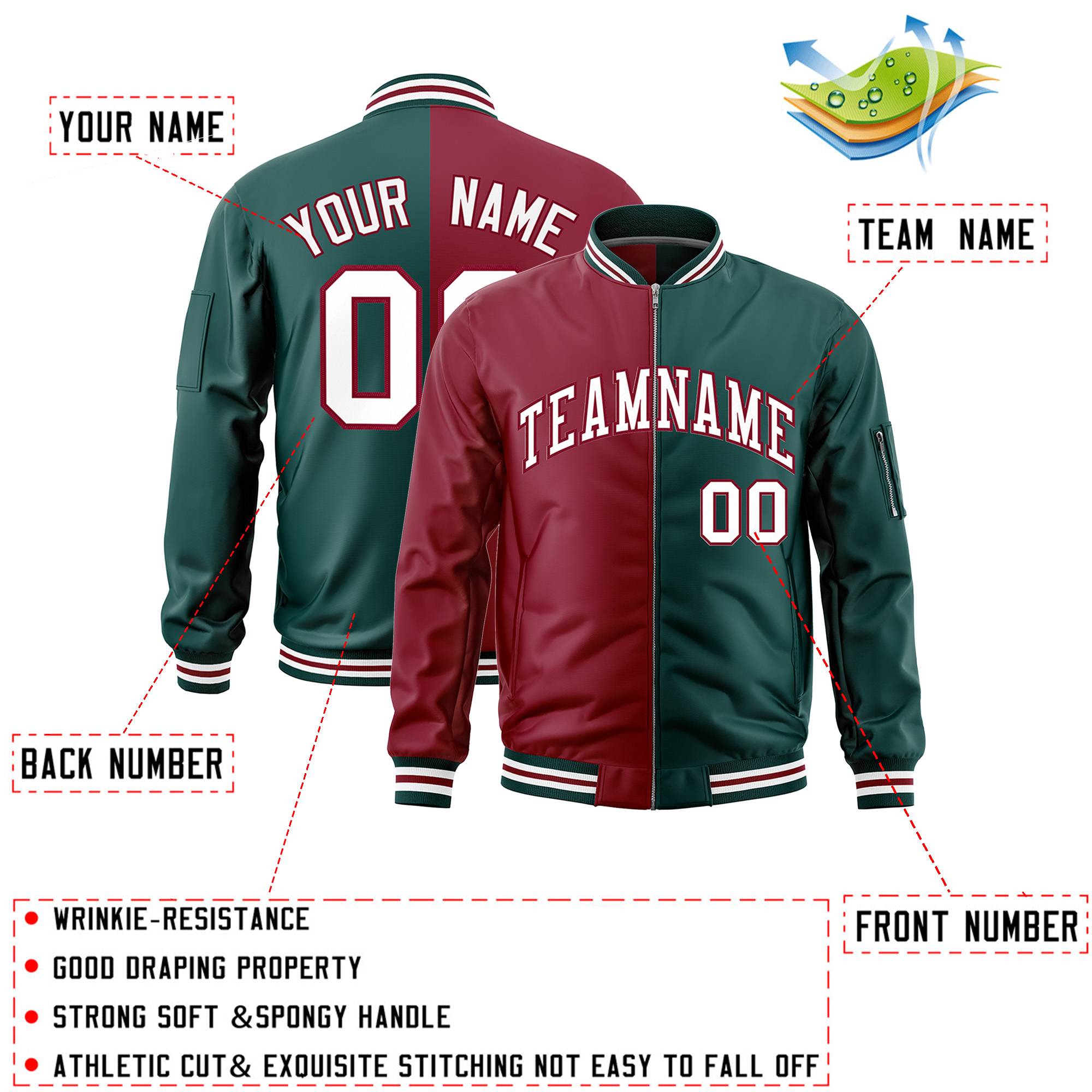 Custom Crimson Midnight Green Split Varsity Full-Zip Two Tone Letterman Bomber Jacket