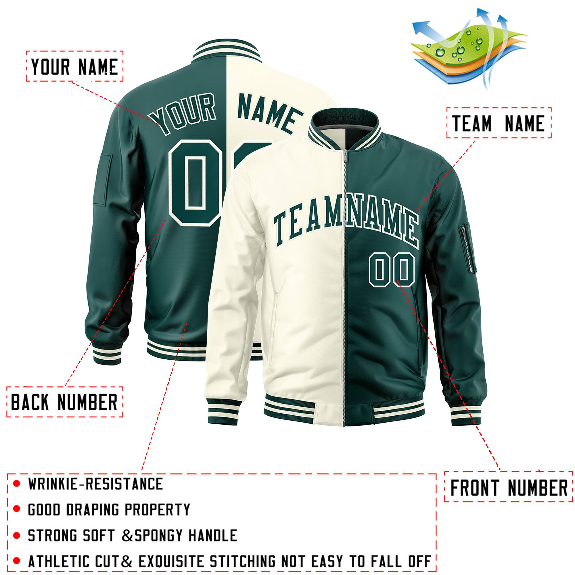 Custom Cream Midnight Green Split Varsity Full-Zip Two Tone Letterman Bomber Jacket