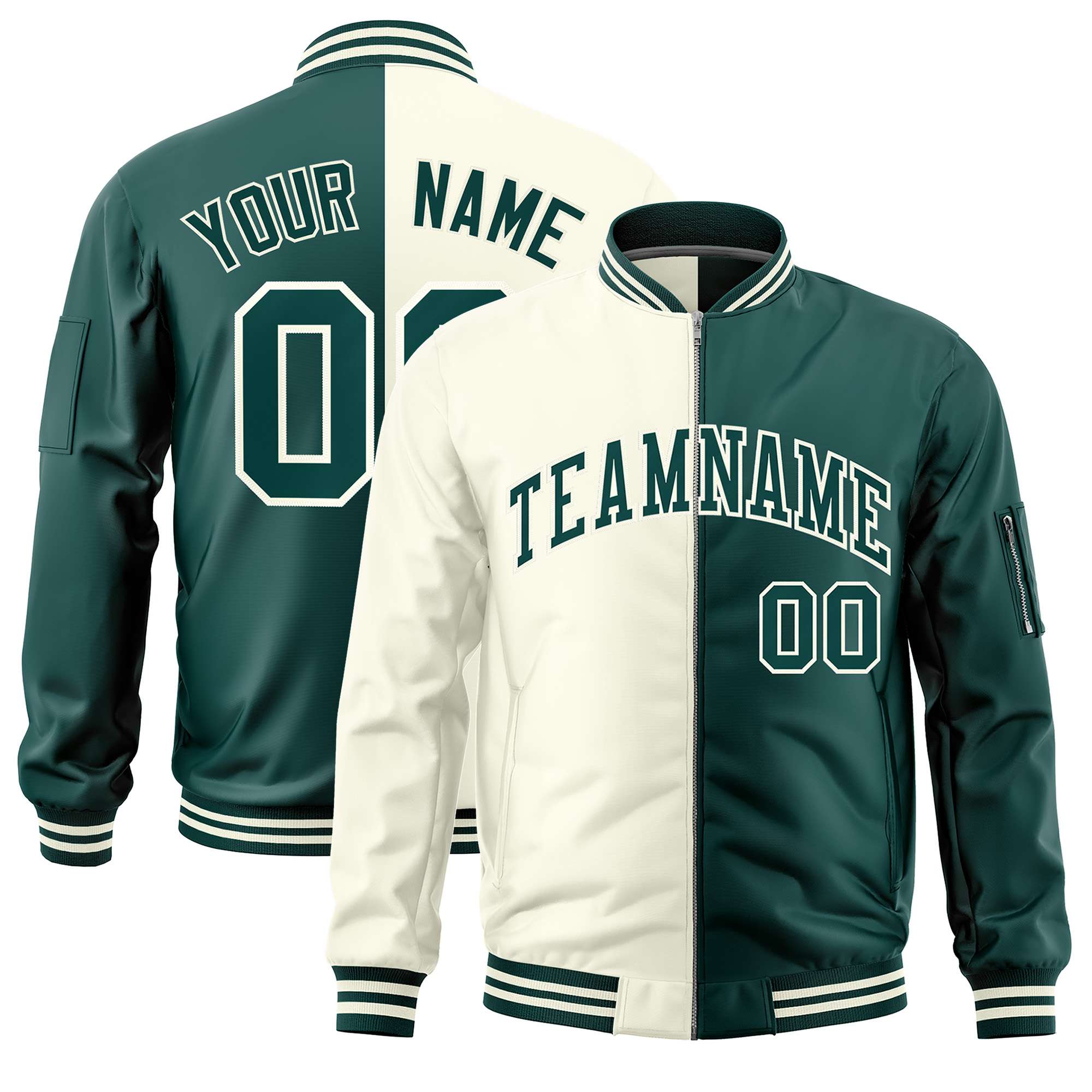 Custom Cream Midnight Green Split Varsity Full-Zip Two Tone Letterman Bomber Jacket