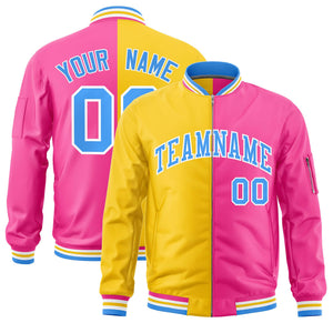 Custom Gold Pink Split Varsity Full-Zip Two Tone Letterman Bomber Jacket