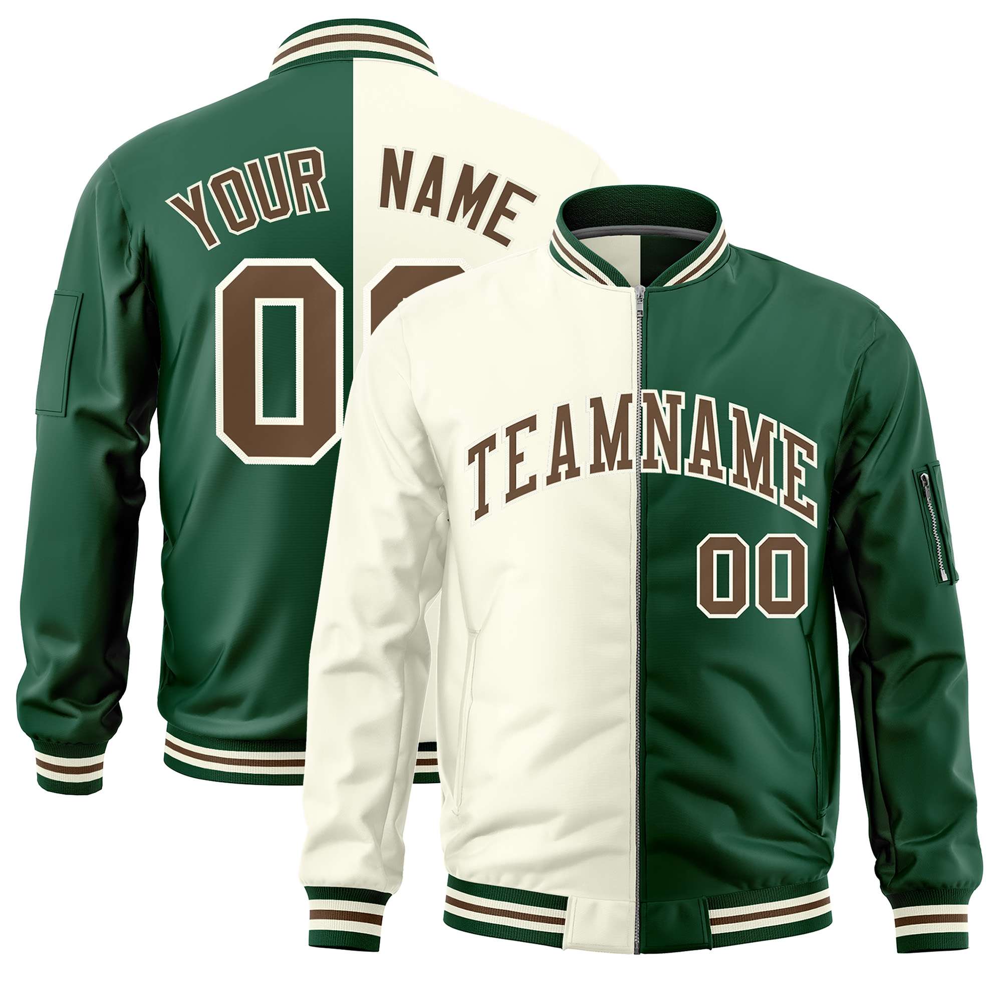 Custom Cream Green Split Varsity Full-Zip Two Tone Letterman Bomber Jacket