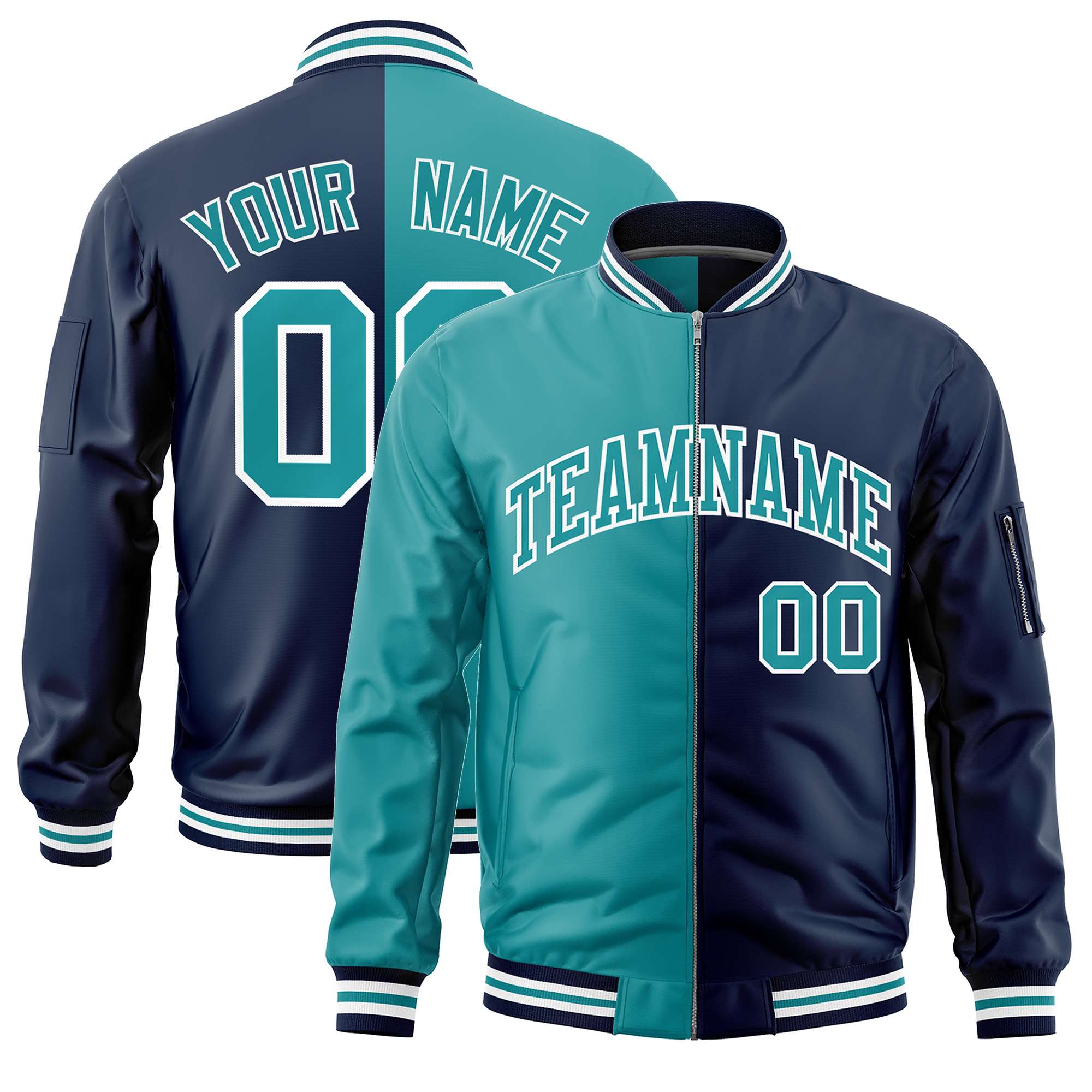 Custom Aqua Navy Split Varsity Full-Zip Two Tone Letterman Bomber Jacket