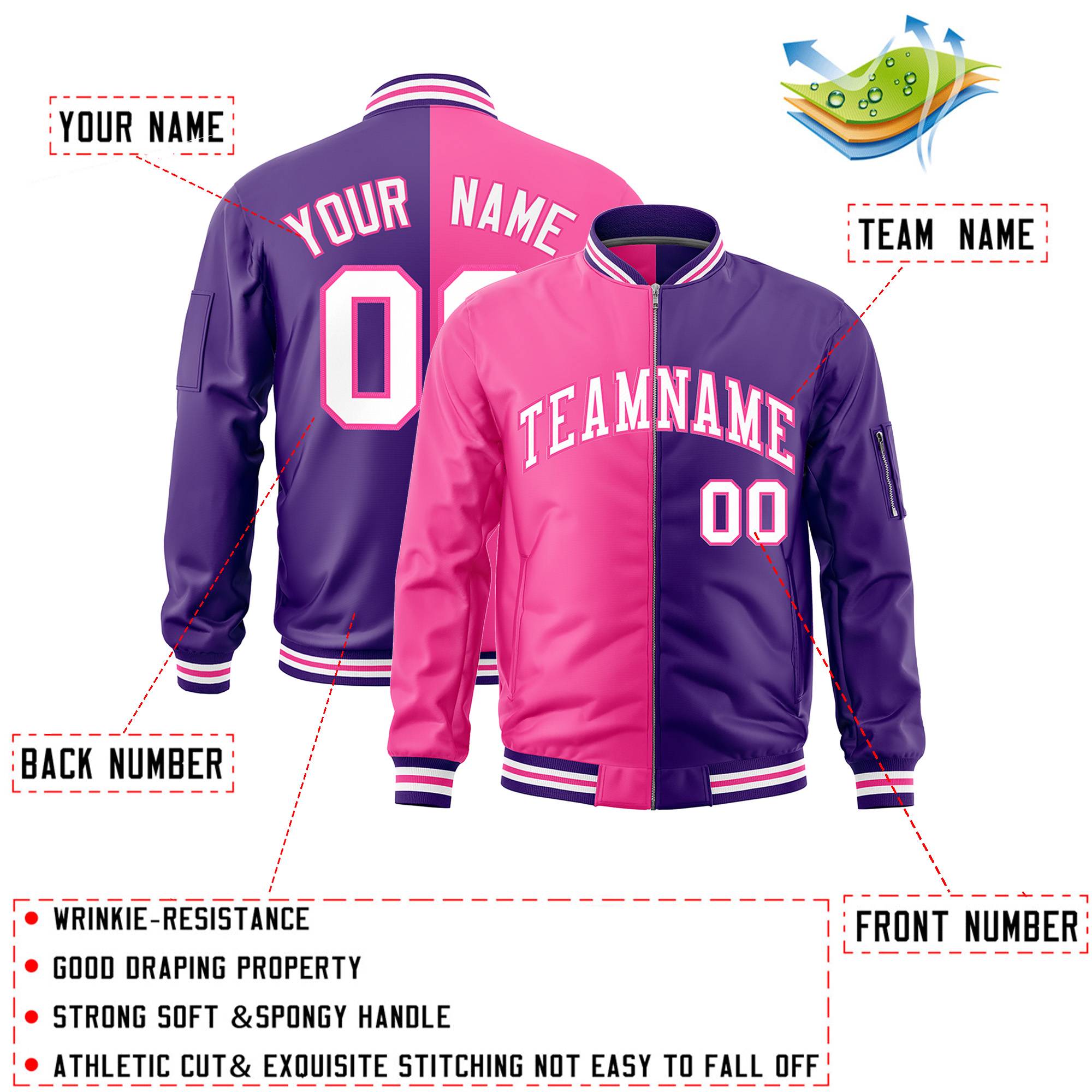 Custom Pink Purple Split Varsity Full-Zip Two Tone Letterman Bomber Jacket