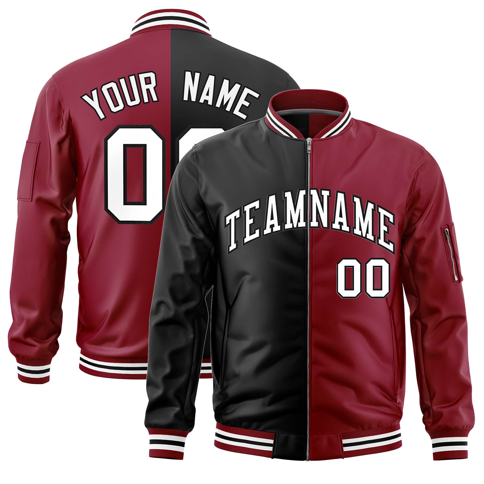 Custom Black Crimson Split Varsity Full-Zip Two Tone Letterman Bomber Jacket