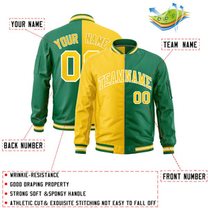 Custom Gold Kelly Green Split Varsity Full-Zip Two Tone Letterman Bomber Jacket