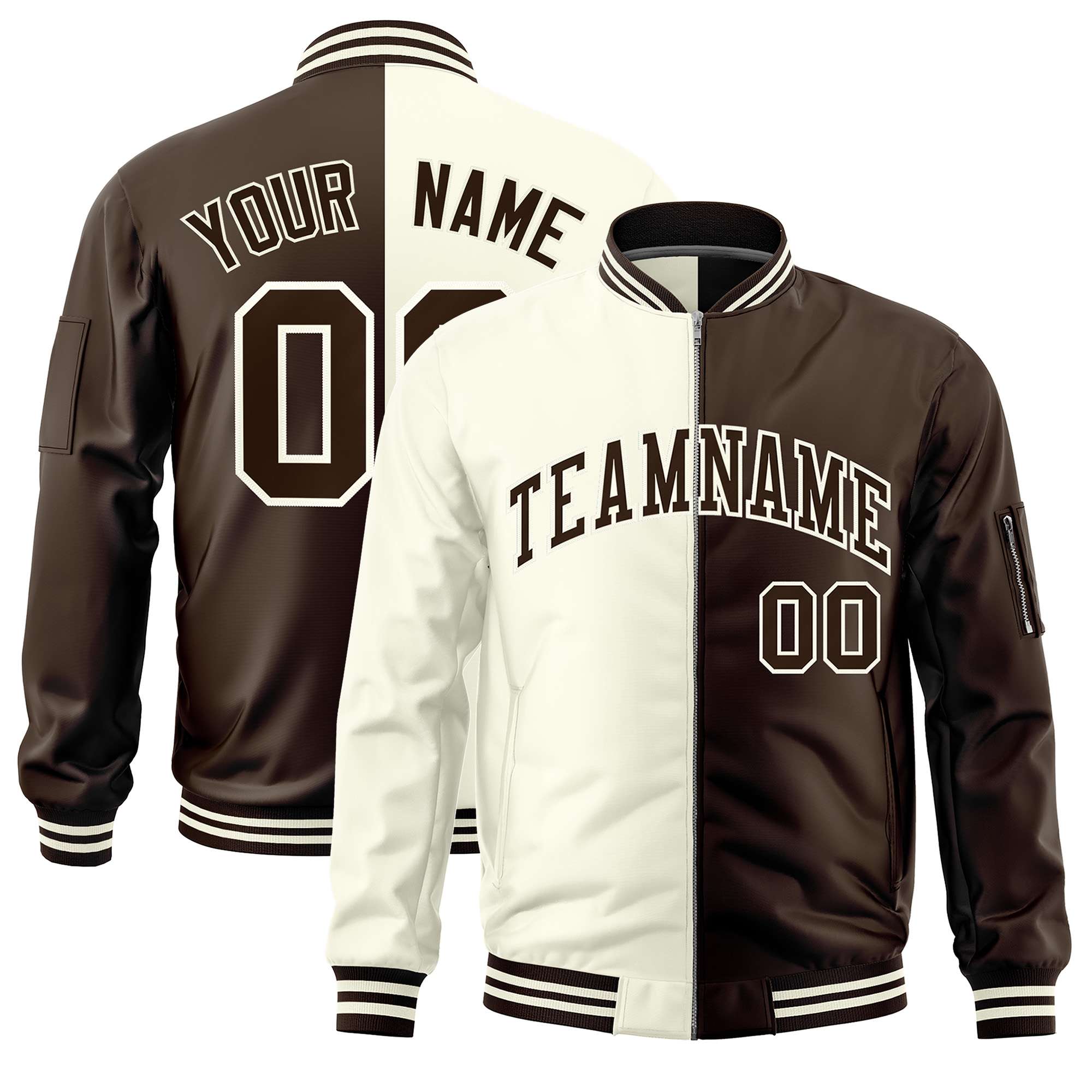 Custom Cream Brown Split Varsity Full-Zip Two Tone Letterman Bomber Jacket