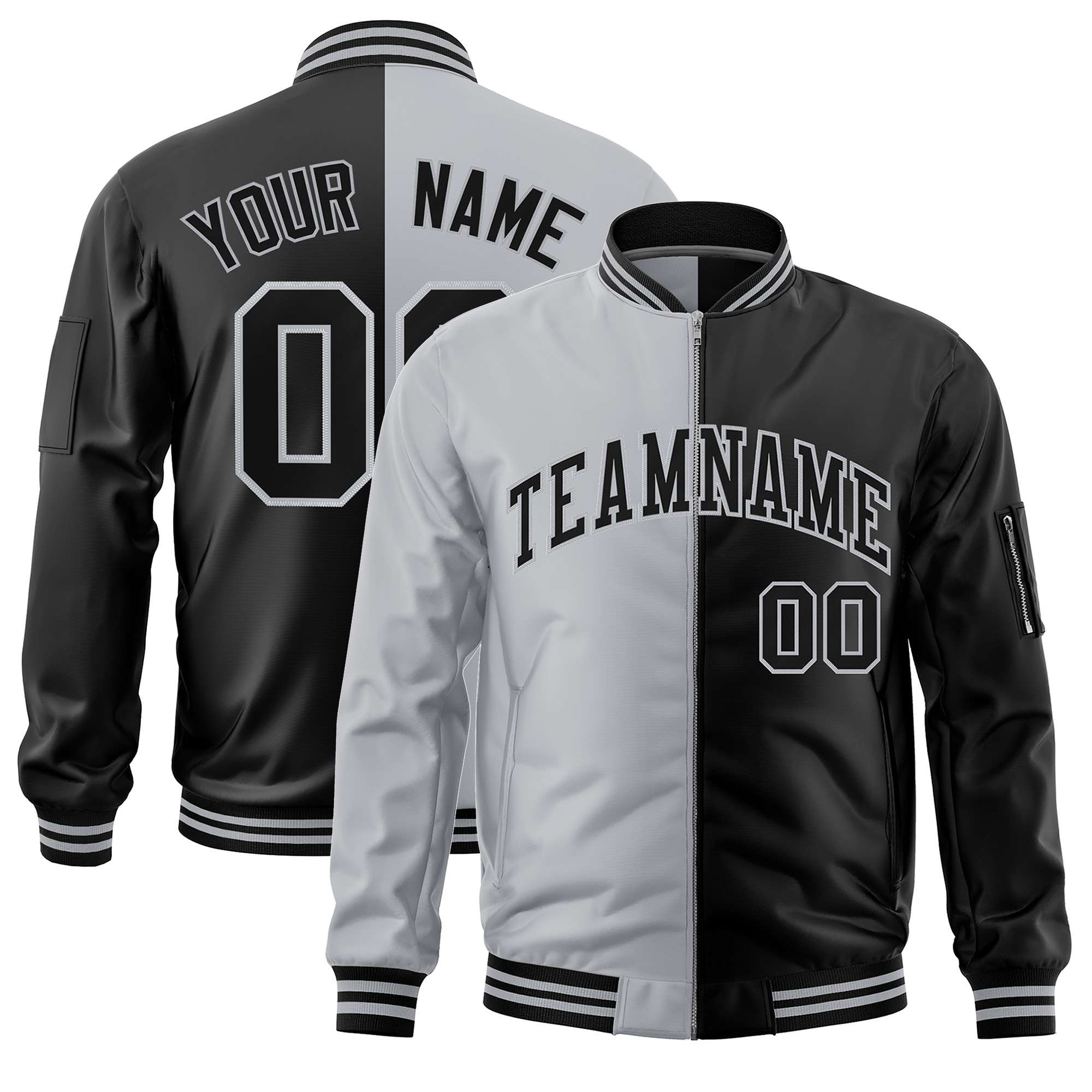 Custom Gray Black Split Varsity Full-Zip Two Tone Letterman Bomber Jacket