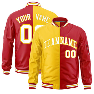 Custom Gold Red Split Varsity Full-Zip Two Tone Letterman Bomber Jacket