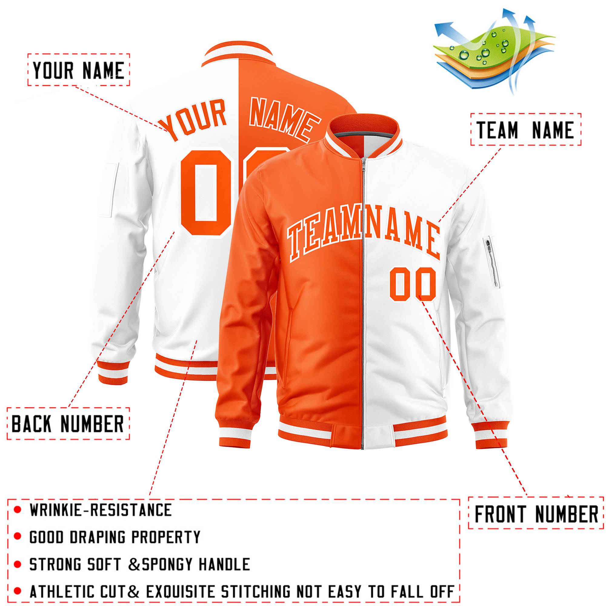 Custom Orange White Split Varsity Full-Zip Two Tone Letterman Bomber Jacket