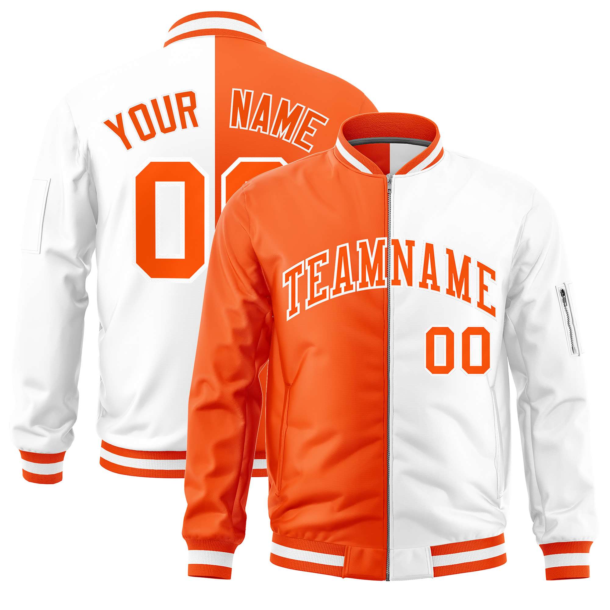 Custom Orange White Split Varsity Full-Zip Two Tone Letterman Bomber Jacket