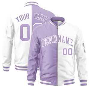 Custom Light Purple White Split Varsity Full-Zip Two Tone Letterman Bomber Jacket