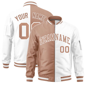 Custom Light Brown White Split Varsity Full-Zip Two Tone Letterman Bomber Jacket