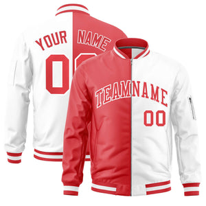 Custom Light Red White Split Varsity Full-Zip Two Tone Letterman Bomber Jacket