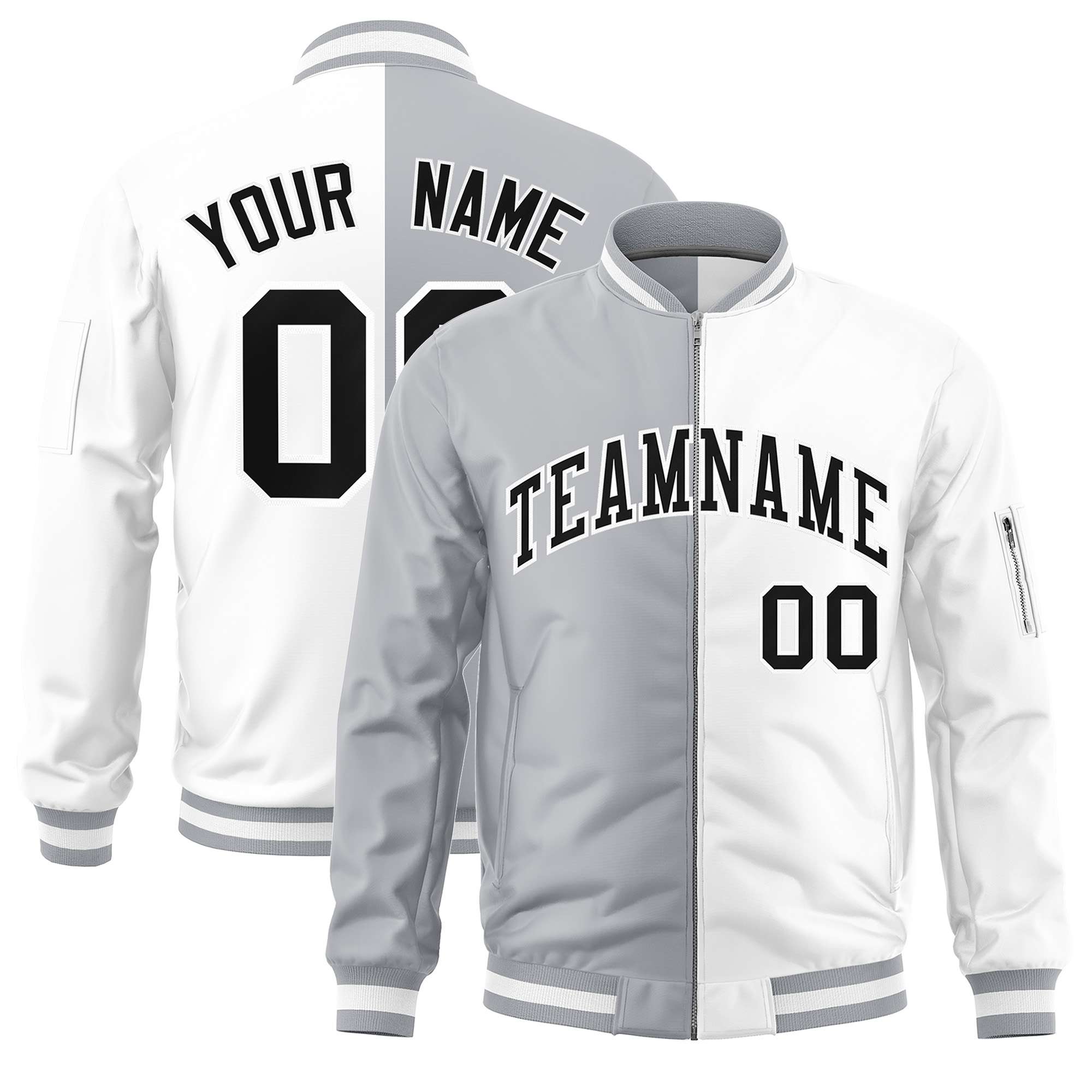 Custom Gray White Split Varsity Full-Zip Two Tone Letterman Bomber Jacket