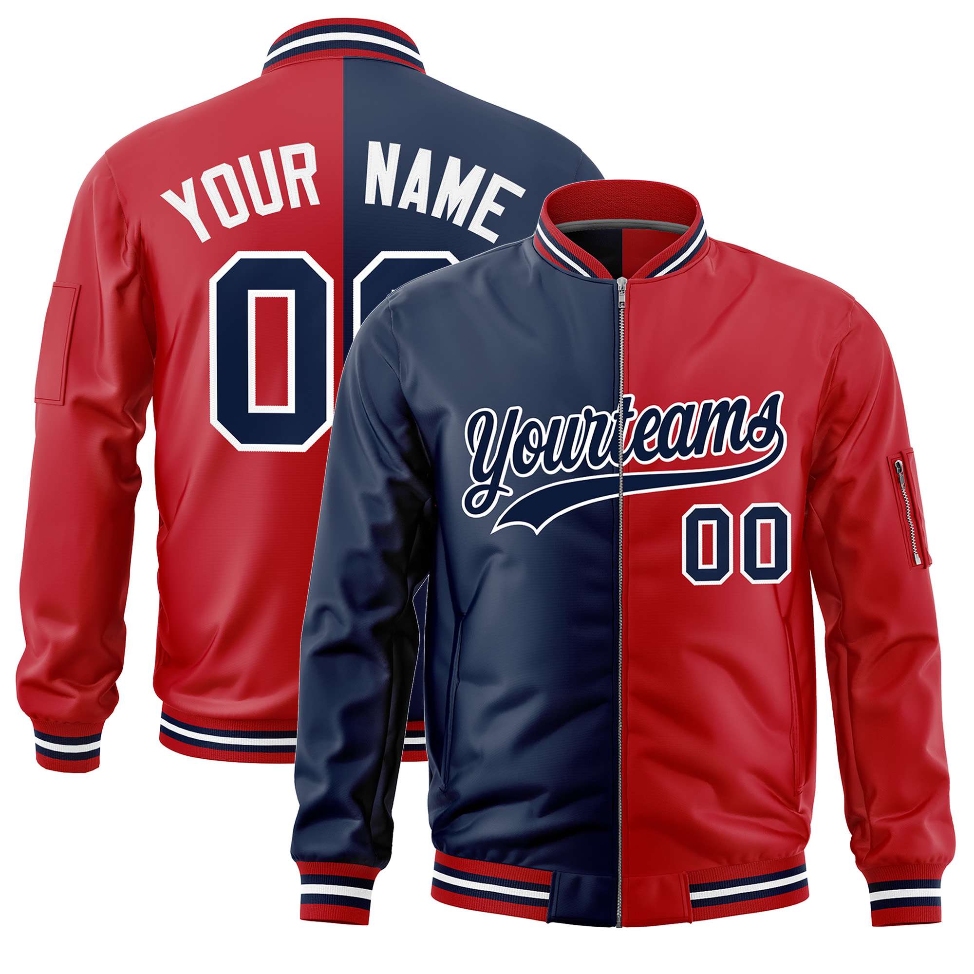 Custom Navy Red Split Varsity Full-Zip Two Tone Letterman Bomber Jacket