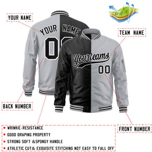 Custom Black Gray Split Varsity Full-Zip Two Tone Letterman Bomber Jacket