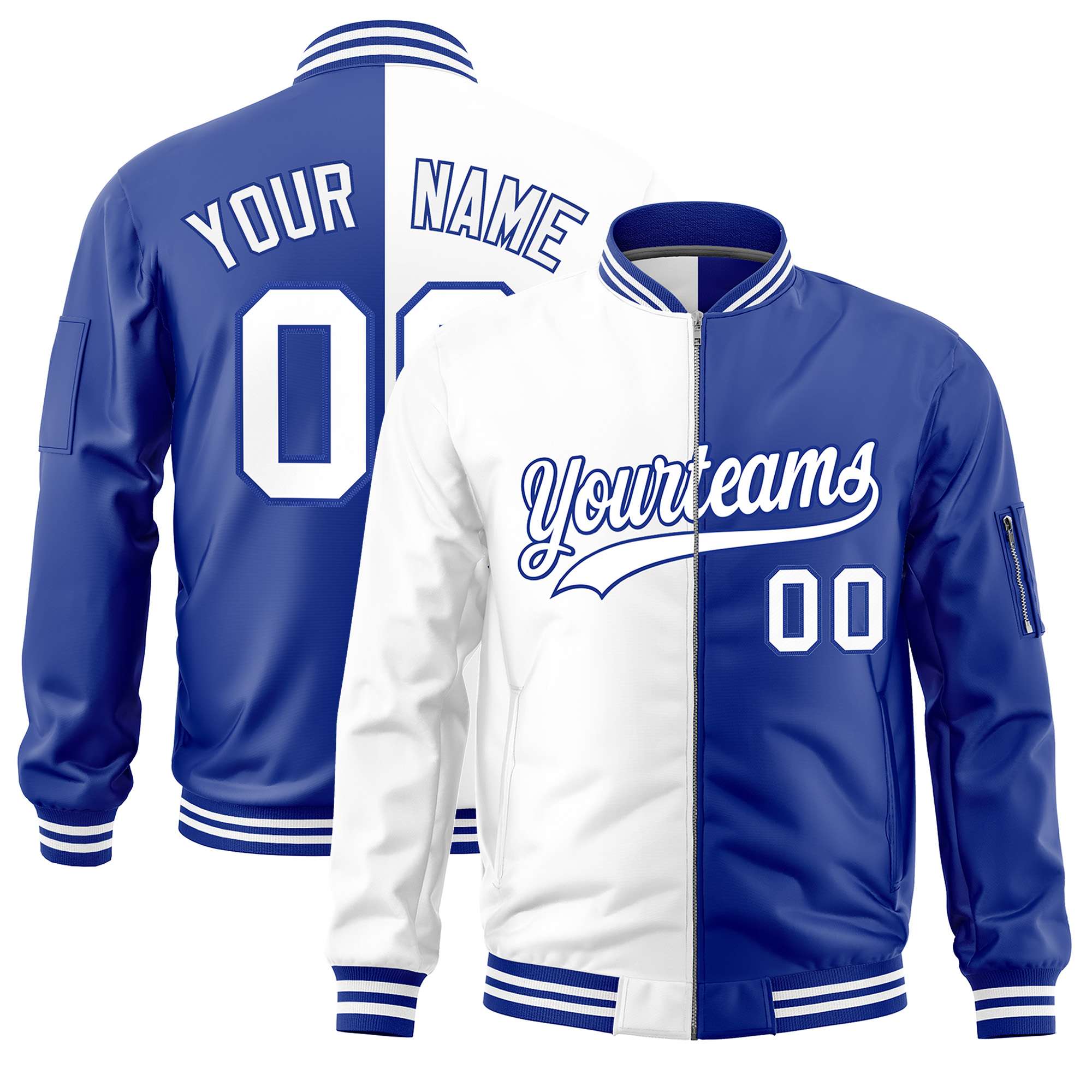 Custom White Royal Split Varsity Full-Zip Two Tone Letterman Bomber Jacket