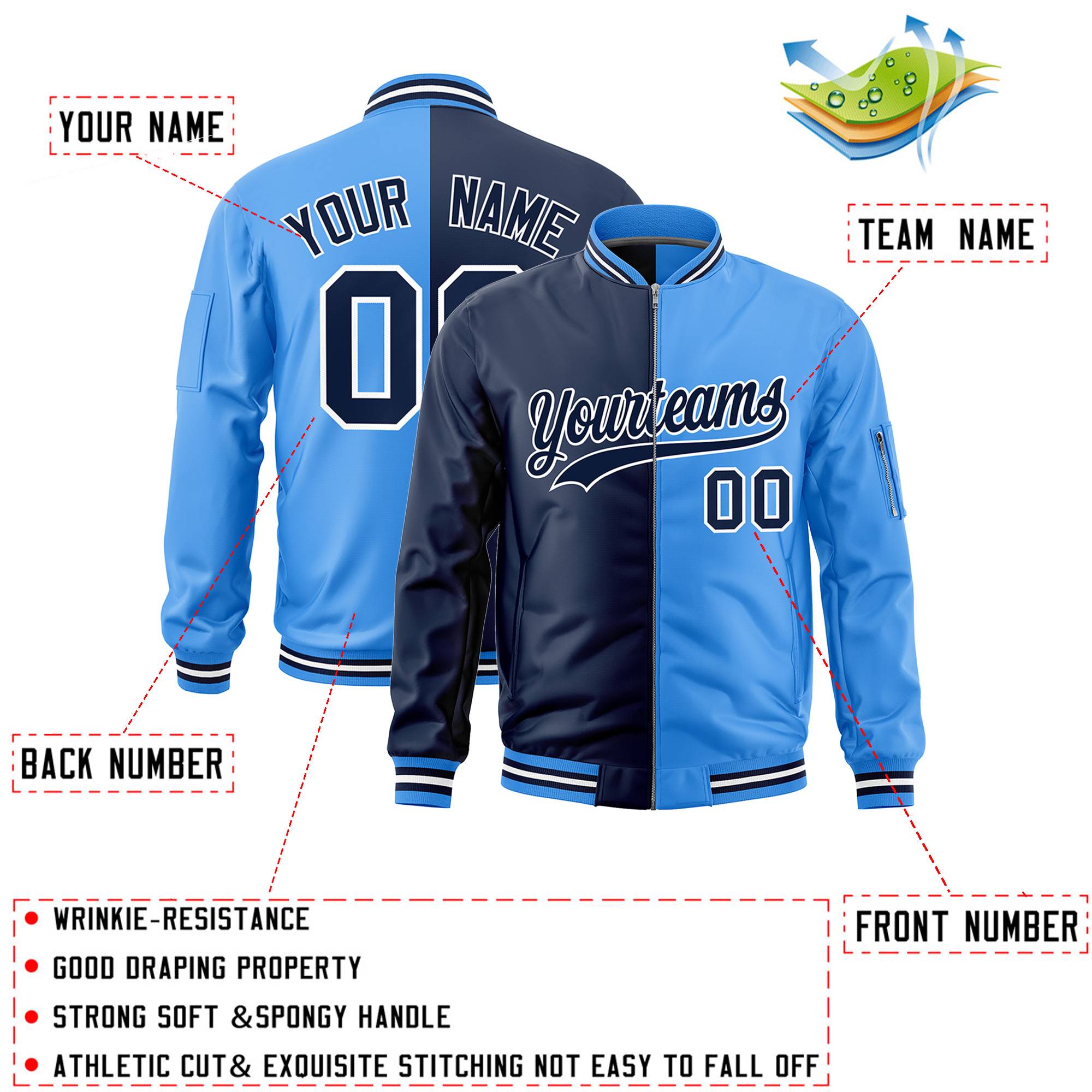 Custom Navy Powder Blue Split Varsity Full-Zip Two Tone Letterman Bomber Jacket