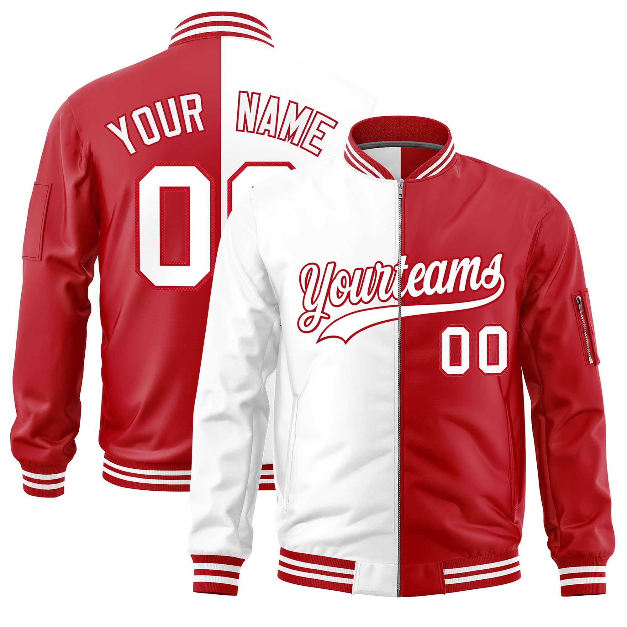 Custom White Red Split Varsity Full-Zip Two Tone Letterman Bomber Jacket