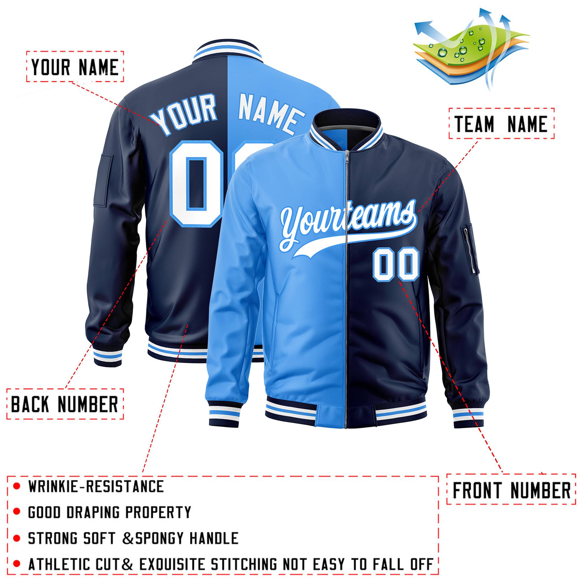 Custom Powder Blue Navy Split Varsity Full-Zip Two Tone Letterman Bomber Jacket