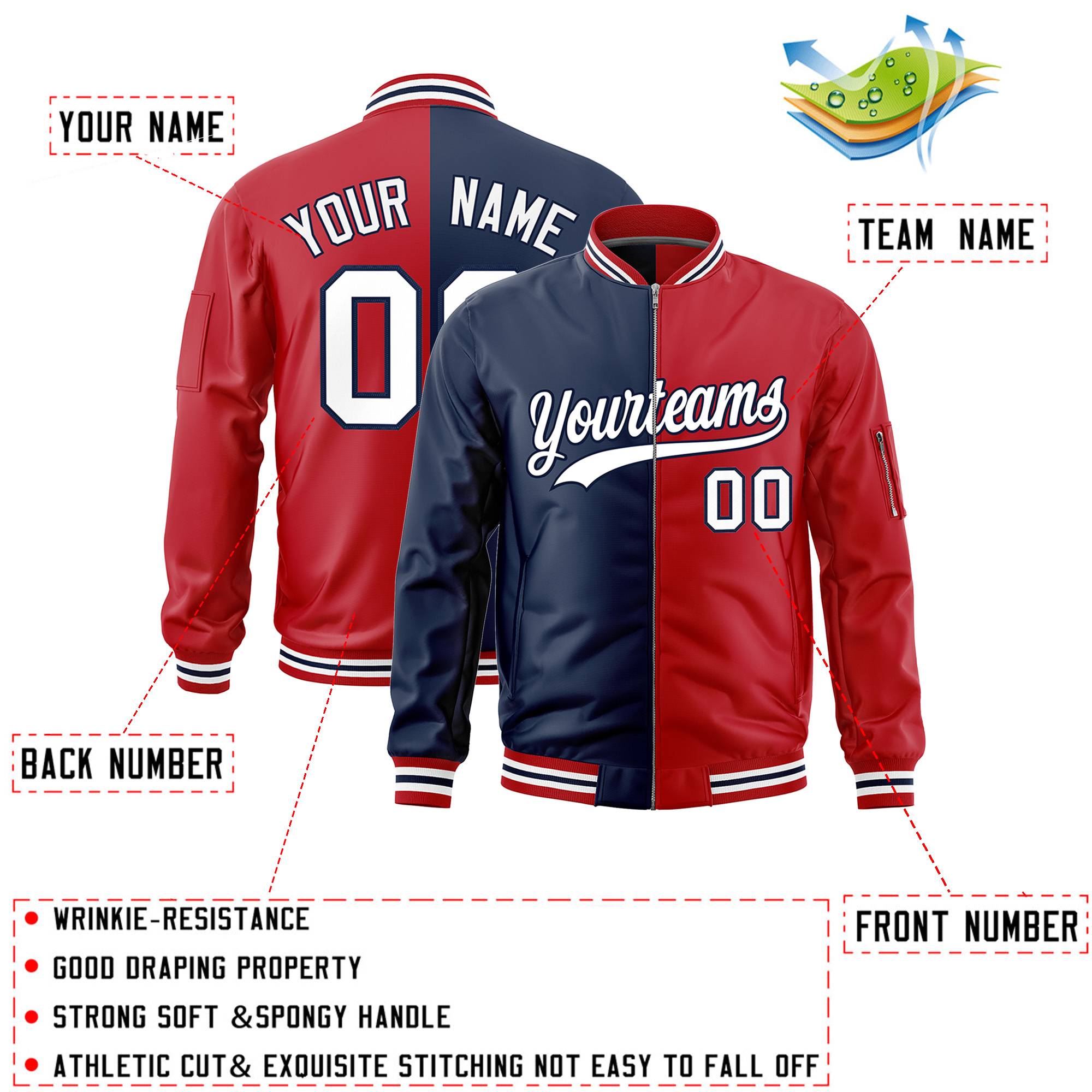 Custom Navy Red Split Varsity Full-Zip Two Tone Letterman Bomber Jacket