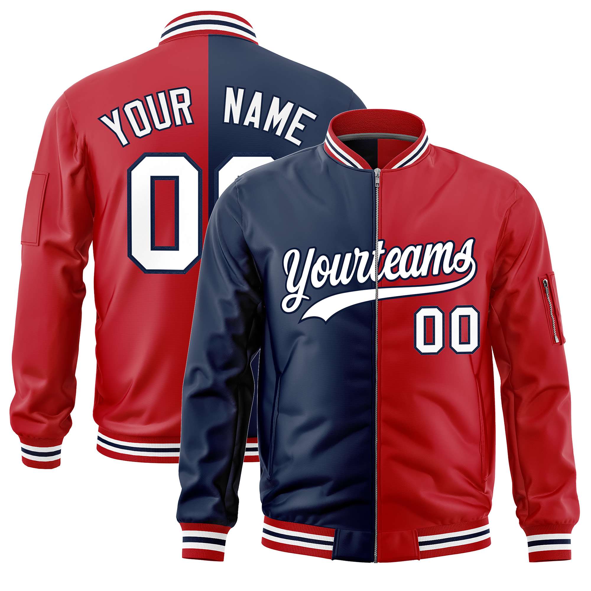 Custom Navy Red Split Varsity Full-Zip Two Tone Letterman Bomber Jacket