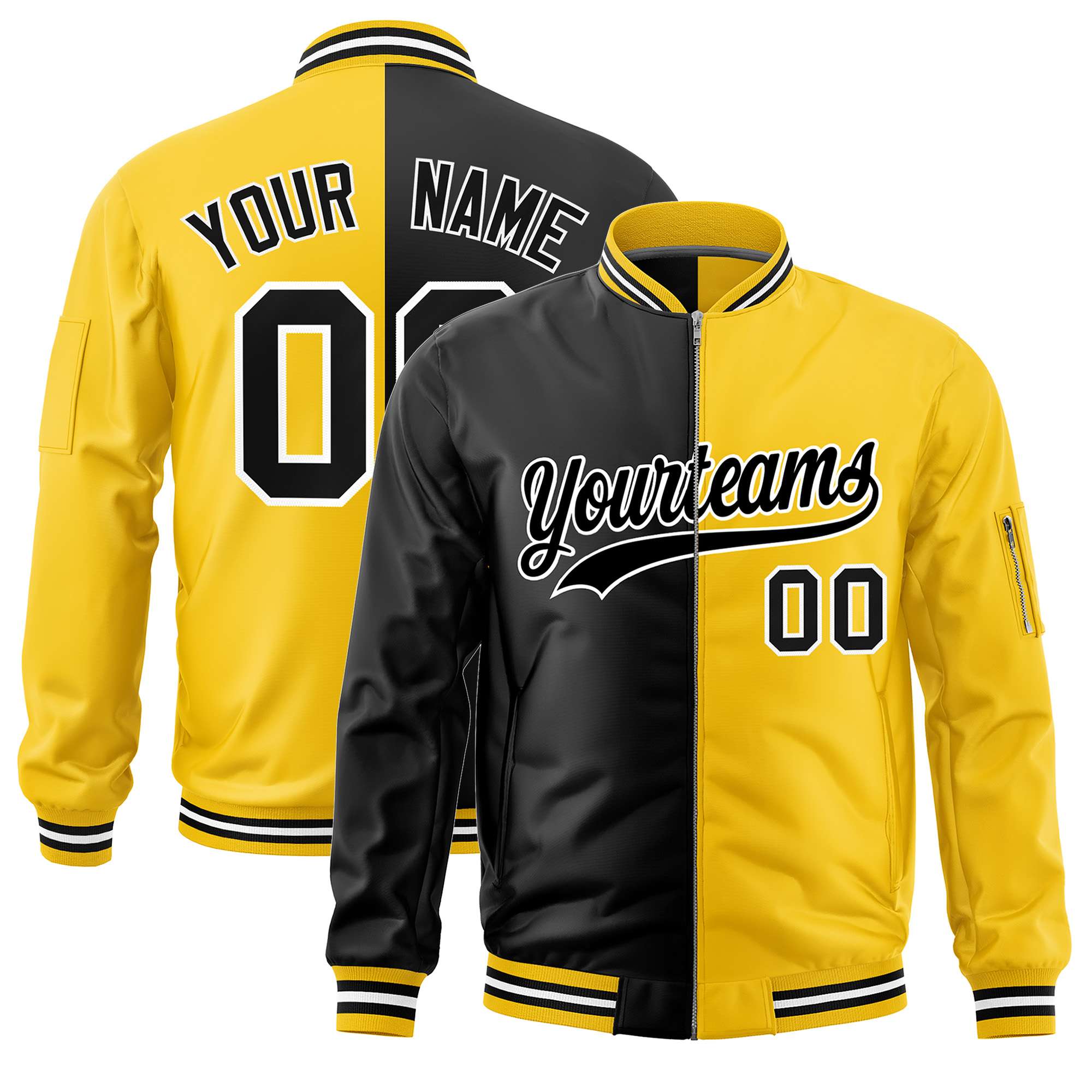 Custom Black Gold Split Varsity Full-Zip Two Tone Letterman Bomber Jacket