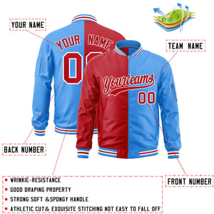 Custom Red Powder Blue Split Varsity Full-Zip Two Tone Letterman Bomber Jacket