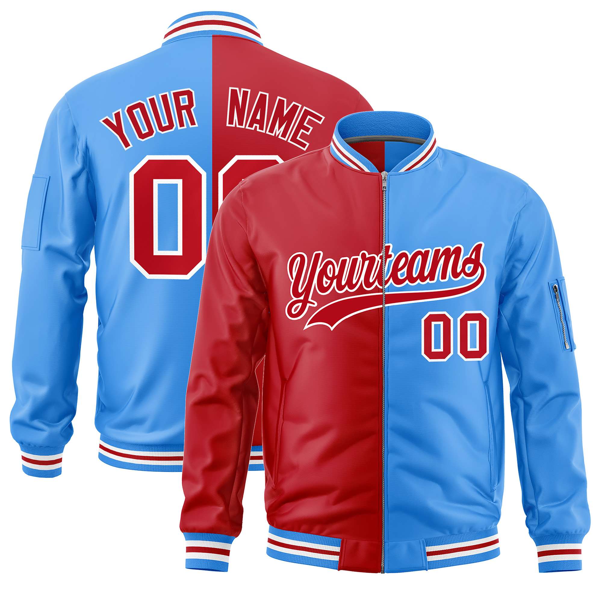 Custom Red Powder Blue Split Varsity Full-Zip Two Tone Letterman Bomber Jacket