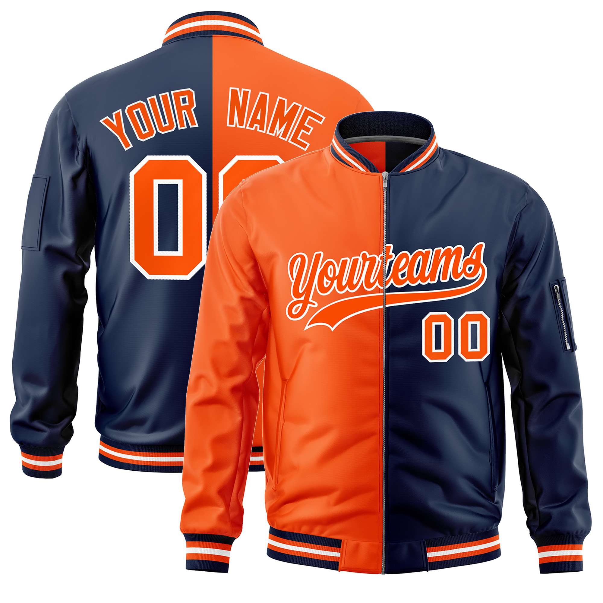 Custom Orange Navy Split Varsity Full-Zip Two Tone Letterman Bomber Jacket