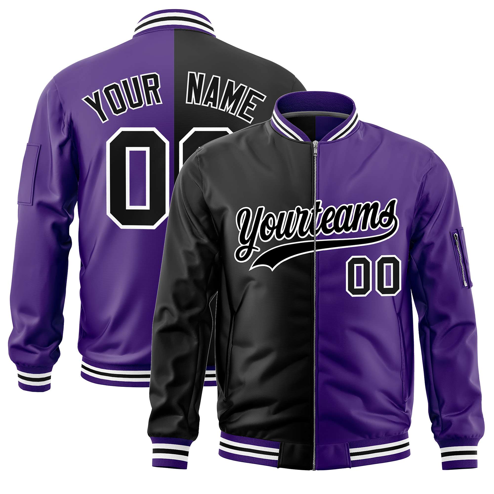 Custom Black Purple Split Varsity Full-Zip Two Tone Letterman Bomber Jacket