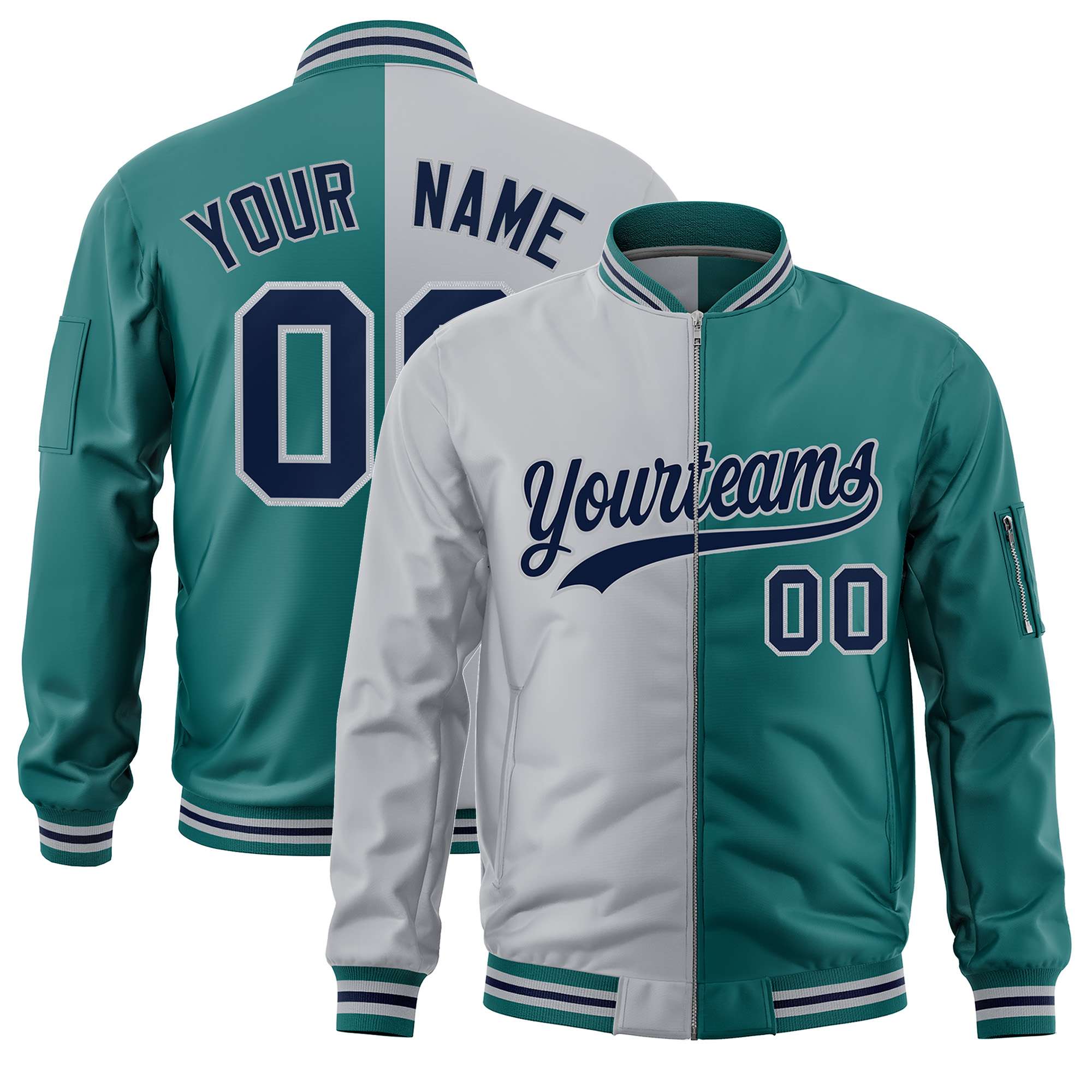 Custom Gray Aqua Split Varsity Full-Zip Two Tone Letterman Bomber Jacket