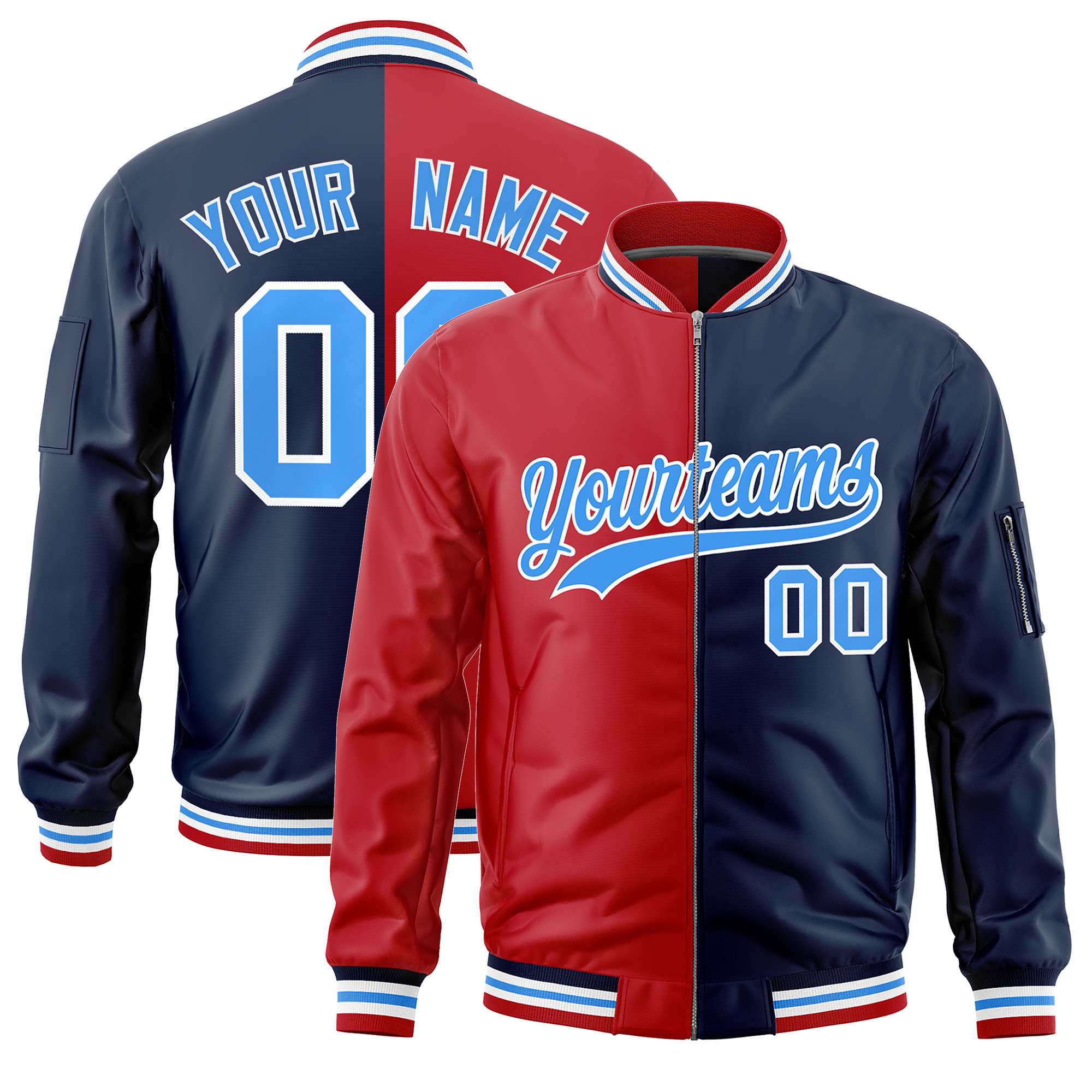 Custom Red Navy Split Varsity Full-Zip Two Tone Letterman Bomber Jacket